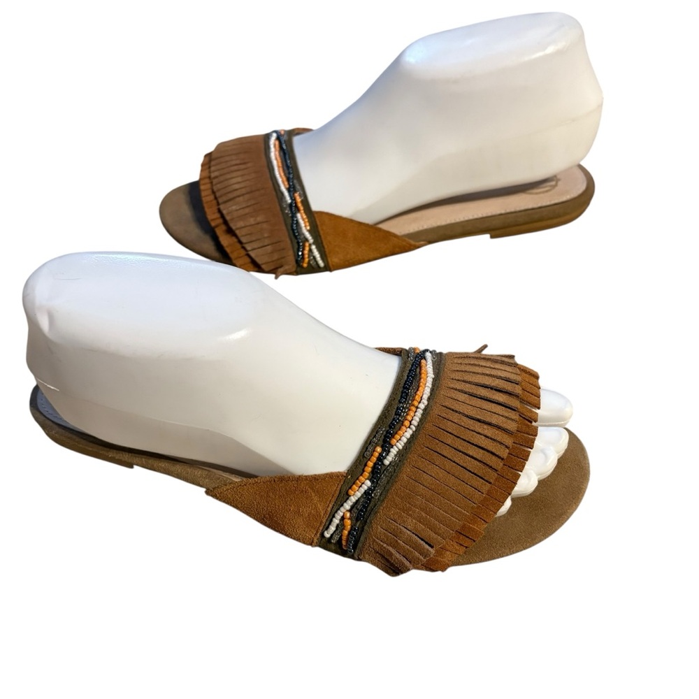 House of Harlow Suede Fringe Beaded Slide Sandals - Brown
